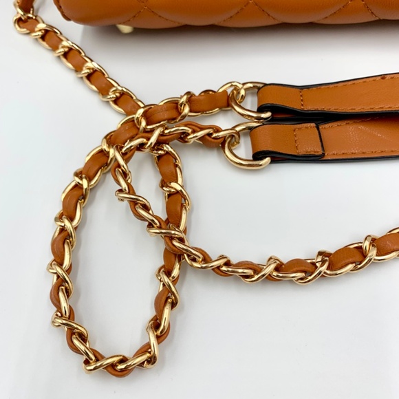 Chic brown/tan top handle trendy quilted shoulder crossbody bag gold-tone chain - Picture 9 of 13
